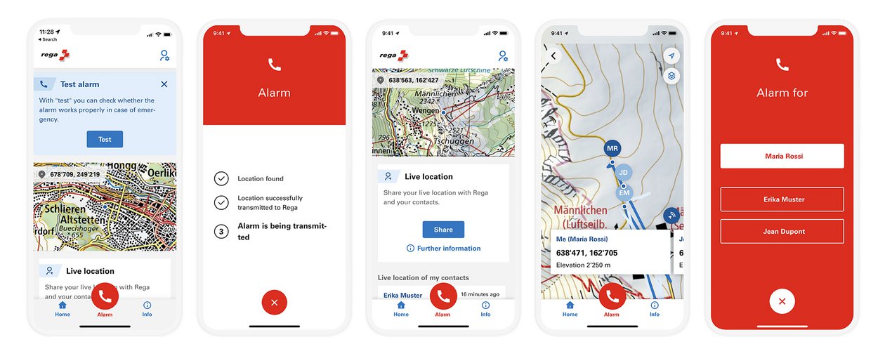 Various mobile phone screens showing the Rega app