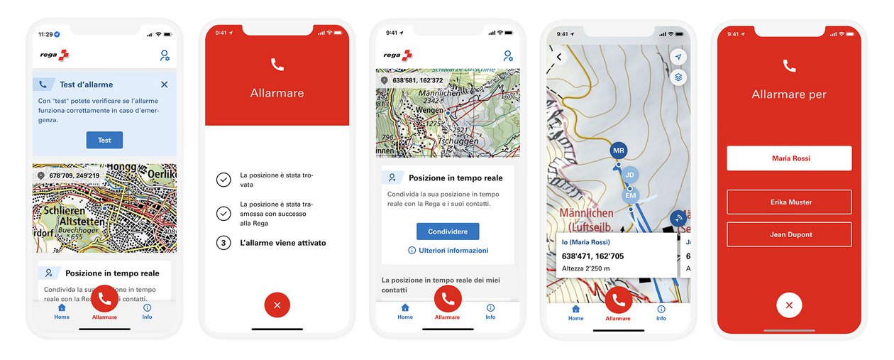 Varie schermate di cellulari che mostrano l'applicazione Rega
