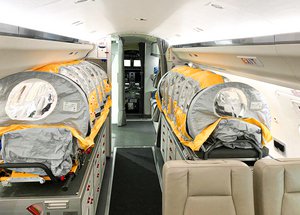 Two patient isolation units (PIU) on board the ambulance jet