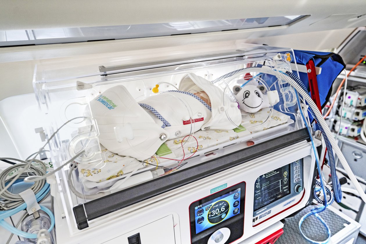 Transport incubator in the cabin of the ambulance jet