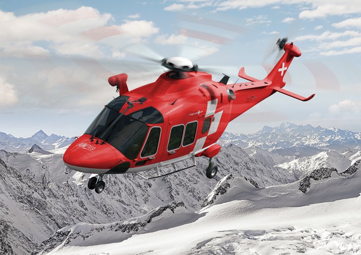 Im Einsatz ab 2021: der neue allwettertaugliche Rettungshelikopter AW169-FIPS der Rega mit Enteisungsanlage. (Fotomontage: AgustaWestland)