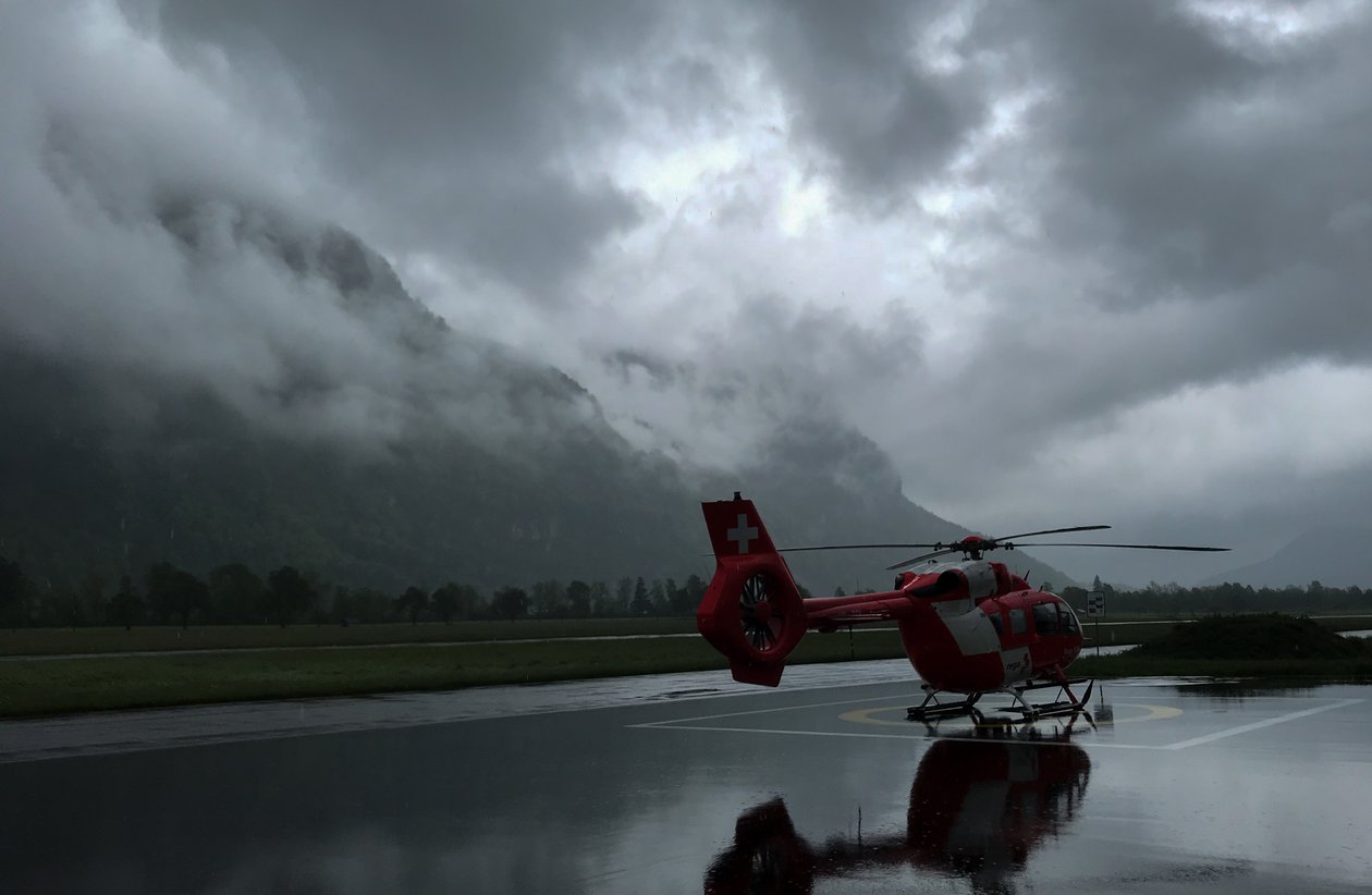 A helicopter in bad weather.