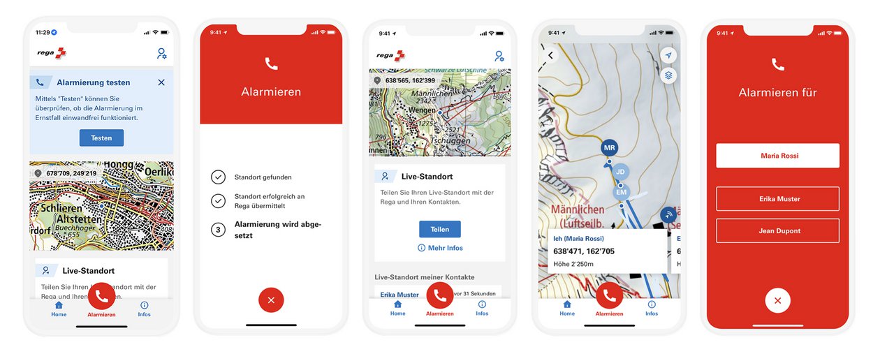 Verschiedene Handy-Screens, auf denen die Rega-App gezeigt wird