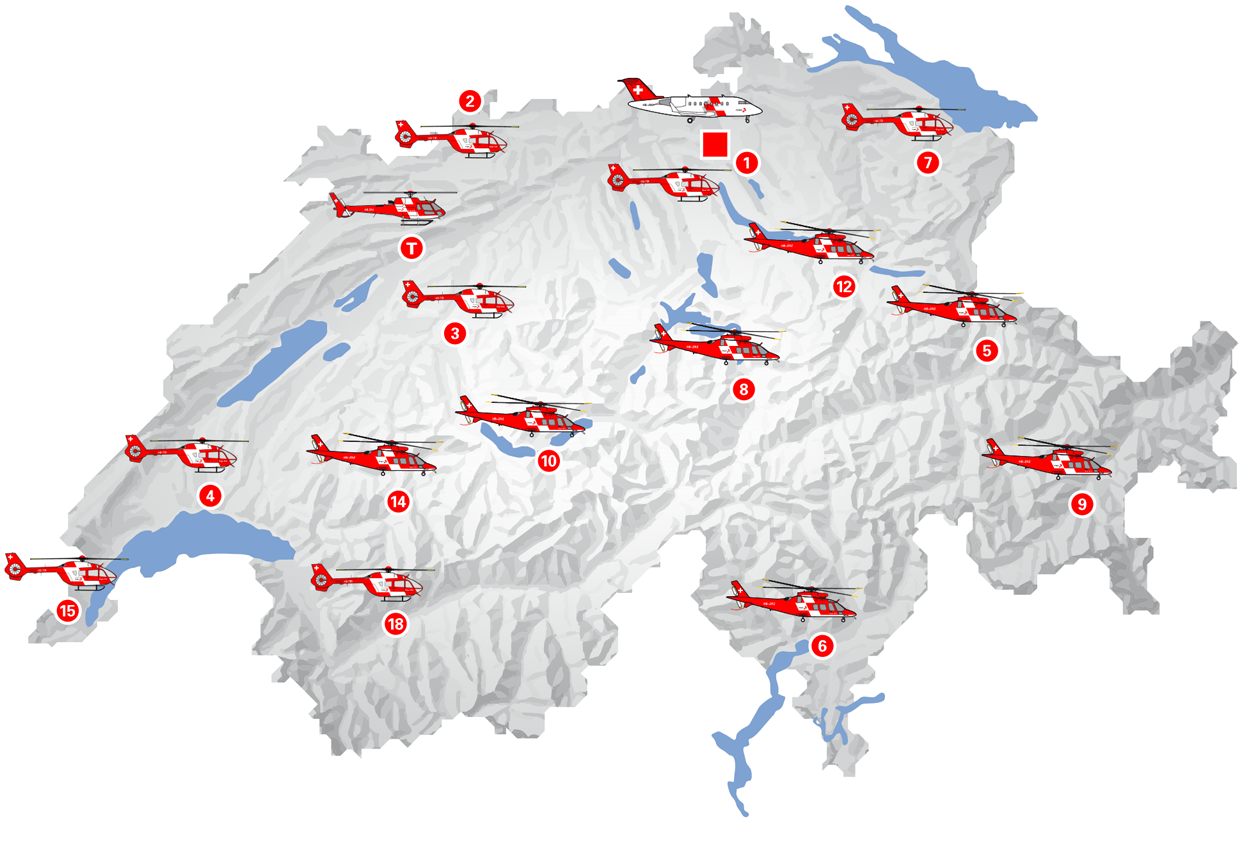 Karte der Schweiz mit Rega-Basen